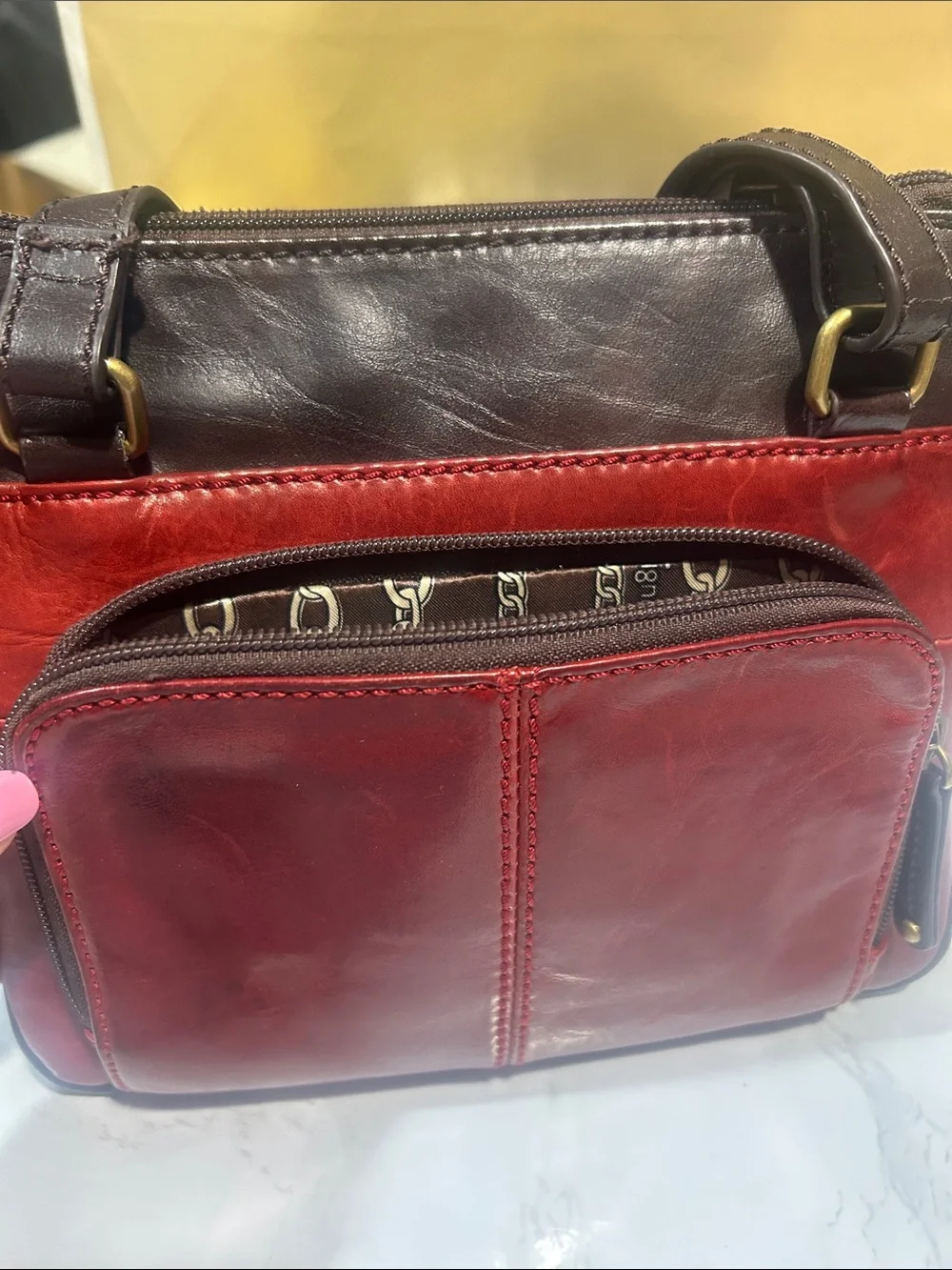 Tignanello Red and Brown Leather Crossbody Bag